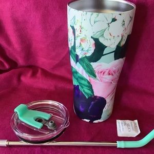 Stainless Steel Travel Tumbler Floral painted with Metal Straw and inside.
